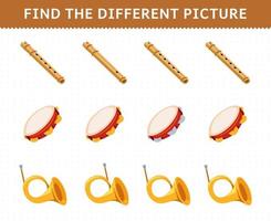 jeu éducatif pour les enfants trouver l'image différente dans chaque rangée de dessin animé instrument de musique flûte tambourin cor feuille de travail imprimable vecteur