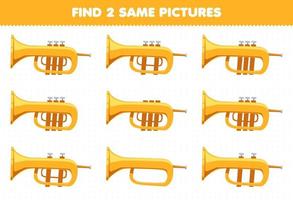 jeu éducatif pour les enfants trouver deux mêmes images dessin animé instrument de musique trompette feuille de travail imprimable vecteur