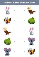 jeu éducatif pour les enfants connecter la même image de dessin animé mignon animal lapin papillon aigle coquille koala feuille de travail imprimable vecteur