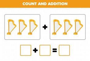 jeu d'éducation pour les enfants ajout amusant en comptant la feuille de calcul des images de harpe d'instrument de musique de dessin animé vecteur