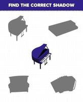 jeu éducatif pour les enfants trouver le bon ensemble d'ombres de piano d'instruments de musique de dessin animé vecteur