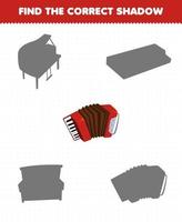 jeu éducatif pour les enfants trouver le bon ensemble d'ombres d'accordéon d'instruments de musique de dessin animé vecteur