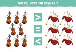 jeu éducatif pour les enfants plus moins ou égal compter la quantité de dessin animé instrument de musique violon et cornemuse feuille de calcul imprimable vecteur