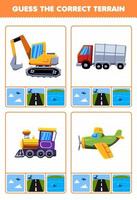 jeu éducatif pour les enfants devinez le bon terrain air terre ou eau de dessin animé transport pelle camion train avion feuille de travail imprimable vecteur