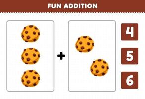 jeu éducatif pour les enfants addition amusante par comptage et choisissez la bonne réponse de la feuille de travail imprimable de biscuit de nourriture de dessin animé vecteur