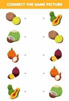 jeu éducatif pour les enfants connecter la même image de dessin animé fruits et légumes kiwi noix de coco fruit du dragon igname papaye feuille de calcul imprimable vecteur