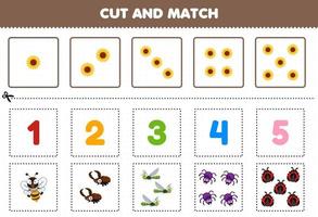 jeu éducatif pour les enfants coupez et associez le même nombre de feuilles de travail imprimables d'animaux mignons de dessin animé vecteur