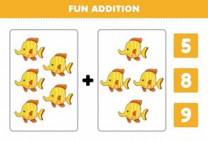 jeu éducatif pour les enfants addition amusante par comptage et choisissez la bonne réponse de dessin animé mignon animal sous-marin poisson jaune feuille de travail imprimable vecteur