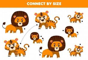 jeu éducatif pour les enfants se connecter par la taille de la feuille de travail imprimable lion et tigre animal de dessin animé mignon vecteur