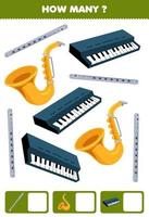 jeu éducatif pour les enfants chercher et compter combien d'objets dessin animé instrument de musique flûte saxophone clavier feuille de travail imprimable vecteur