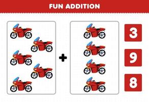 jeu éducatif pour les enfants addition amusante par comptage et choisissez la bonne réponse de la feuille de travail imprimable de moto de transport de vélo de dessin animé vecteur