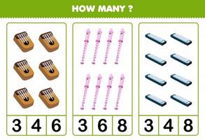jeu éducatif pour les enfants compter combien dessin animé instrument de musique kalimba flûte à bec harmonica feuille de calcul imprimable vecteur