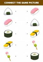 jeu éducatif pour les enfants connecter la même image de dessin animé japonais nourriture onigiri sushi dango feuille de travail imprimable vecteur