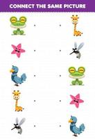 jeu éducatif pour les enfants connecter la même image de dessin animé mignon animal grenouille étoile de mer colombe girafe moustique feuille de travail imprimable vecteur