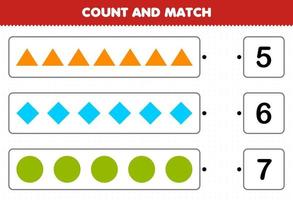 jeu éducatif pour les enfants compter et faire correspondre compter le nombre de formes géométriques triangle losange cercle et faire correspondre avec les bons chiffres feuille de calcul imprimable vecteur
