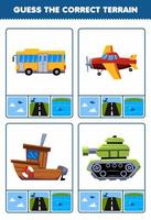 jeu éducatif pour les enfants devinez le bon terrain air terre ou eau de dessin animé transport bus avion navire réservoir feuille de travail imprimable vecteur
