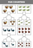 jeu éducatif pour les enfants amusement comptage image dans chaque boîte de dessin animé mignon insecte animal papillon sauterelle coléoptère coccinelle feuille de travail imprimable vecteur