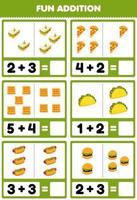 jeu éducatif pour les enfants addition amusante en comptant et en faisant la somme dessin animé nourriture sandwich pizza gaufre taco hotdog burger photos feuille de travail vecteur