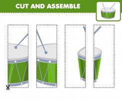 jeu éducatif pour enfants pratique de coupe et assemblage de puzzle avec feuille de travail imprimable de tambour d'instrument de musique de dessin animé vecteur