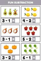 jeu éducatif pour les enfants amusant soustraction en comptant et en éliminant dessin animé fruits et légumes avocat citron fruit du dragon paprika citrouille laitue feuille de travail vecteur