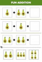 jeu éducatif pour les enfants ajout amusant par coupe et match feuille de travail d'images d'avocat de fruits de dessin animé vecteur