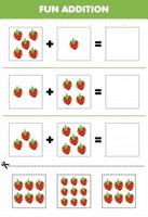 jeu éducatif pour les enfants ajout amusant par coupe et match feuille de travail d'images de fraises de fruits de dessin animé vecteur