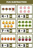 jeu éducatif pour les enfants amusant soustraction en comptant et en éliminant dessin animé fruits et légumes champignon pêche orange brocoli fruit du dragon betterave feuille de calcul vecteur