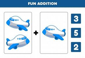 jeu éducatif pour les enfants addition amusante par comptage et choisissez la bonne réponse de la feuille de travail imprimable d'avion de transport volant de dessin animé