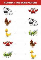 jeu éducatif pour les enfants connecter la même image de dessin animé mignon animal vache poulet canard crabe sauterelle feuille de travail imprimable