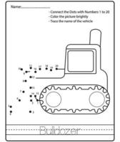 feuille de travail de puzzle point à point pour enfants dessin dessin animé véhicule de construction. jeu éducatif de trace et de couleur. vecteur