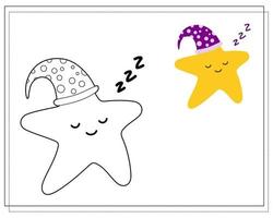 livre de coloriage pour enfants. dessinez une jolie étoile de dessin animé dormant dans un bonnet de sommeil basé sur le dessin. vecteur isolé sur fond blanc.