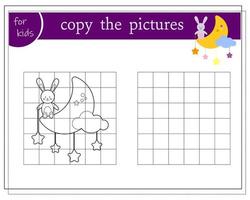 copier l'image, jeux éducatifs pour les enfants, le lièvre est assis sur la lune. vecteur isolé sur fond blanc