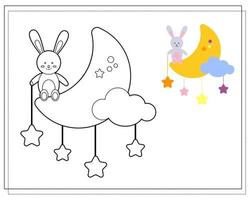 livre de coloriage pour enfants. dessinez un lapin mignon de dessin animé mignon assis sur la lune basé sur le dessin. vecteur isolé sur fond blanc.
