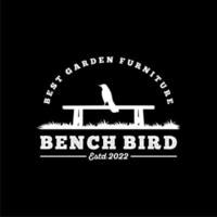silhouette d'oiseau assis sur un banc en bois de jardin pour le logo de l'entreprise de meubles de jardin vecteur