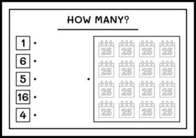 combien de calendrier de noël, jeu pour enfants. illustration vectorielle, feuille de calcul imprimable vecteur
