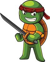 illustration de mascotte de tortue avec pose de ninja vecteur