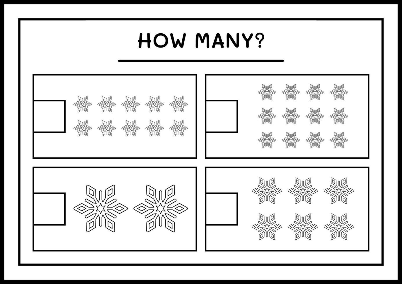 quantos floco de neve, jogo para crianças. ilustração vetorial, planilha para impressão vetor