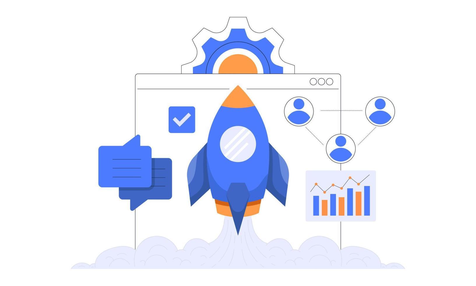 processo de desenvolvimento de negócios. inovação de produtos, ideias criativas. iniciando o lançamento, negócios de inicialização, conceito empreendedor. ilustração vetorial plana vetor