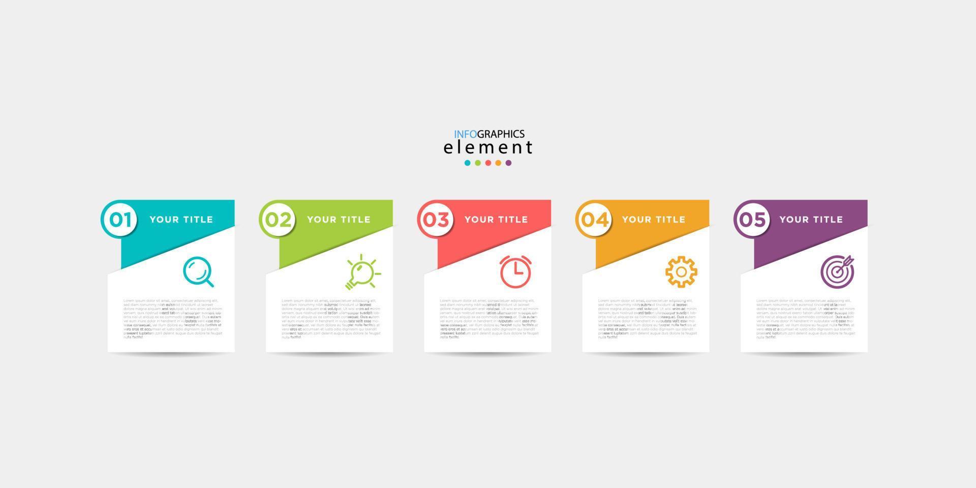 vetor de modelo de design de infográfico de negócios moderno com ícones e 5 opções ou etapas. pode ser usado para diagrama de processo, apresentações, layout de fluxo de trabalho, banner, fluxograma, gráfico de informações. eps10