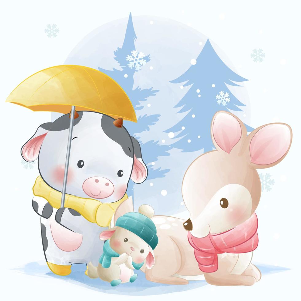 animais fofos, coelhinhos, vaca e veado brincando juntos na neve vetor