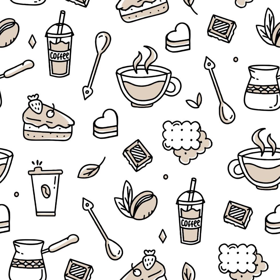 padrão de café com feijão turco e croissants em um fundo branco. ilustração vetorial em estilo doodle vetor