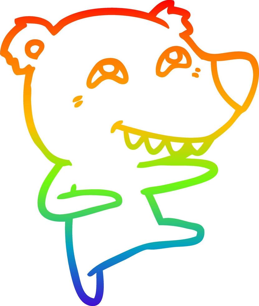 desenho de linha de gradiente de arco-íris urso de desenho animado mostrando os dentes enquanto dança vetor