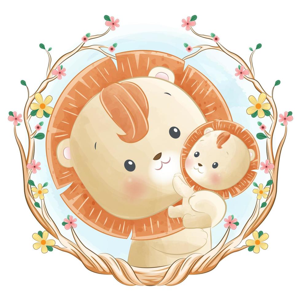 adorável mãe fofa e bebê leão ilustração em aquarela vetor