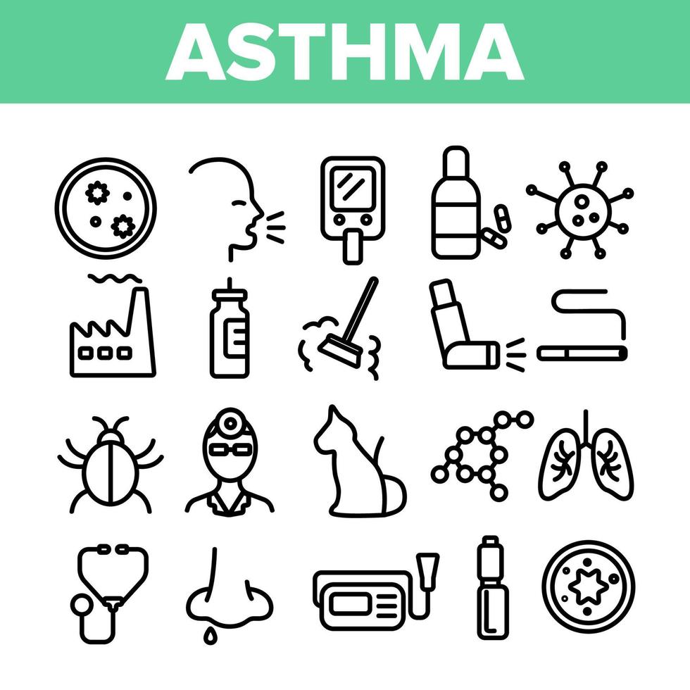 conjunto de ícones de linha fina de vetor de doença de asma