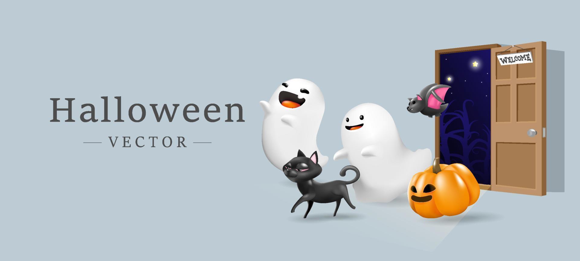 ilustração em vetor de cartão de convite de banner de personagem de desenho animado bonito 3d de halloween