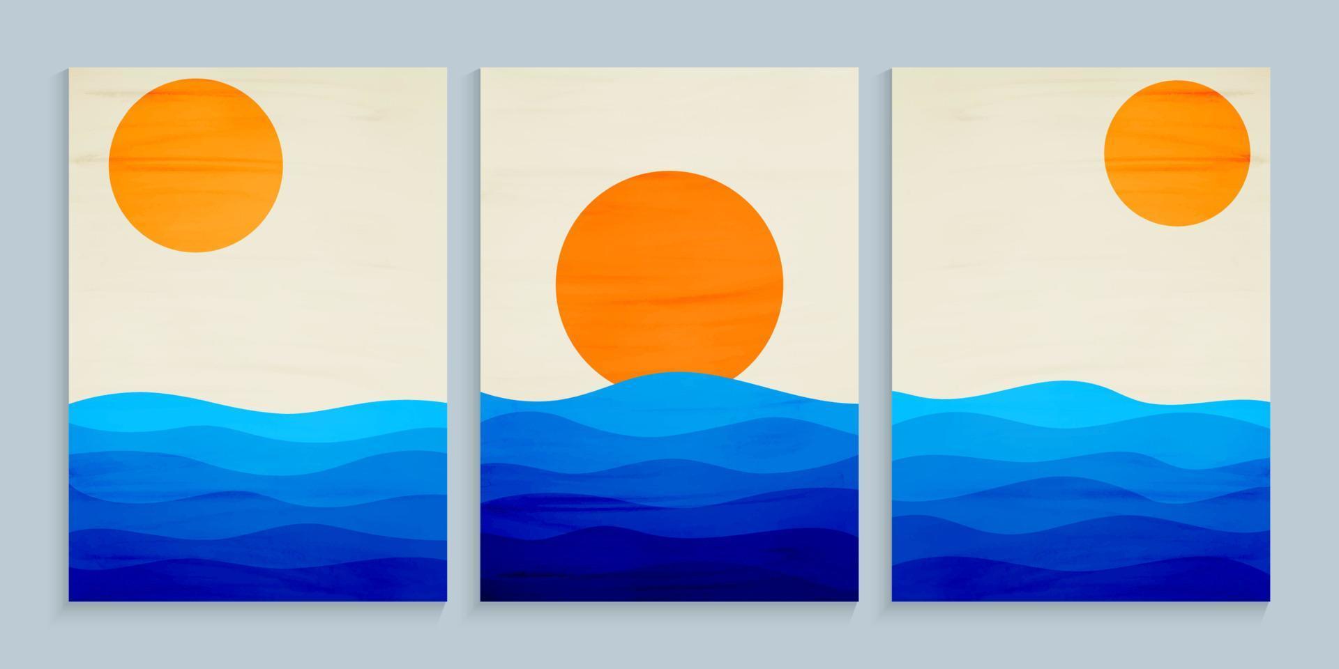 cartaz de paisagem por do sol com ondas do mar em aquarela vetor