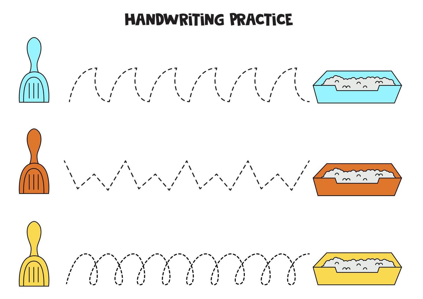 linhas de rastreamento para crianças. bandejas para gatos e pás. prática da escrita. vetor