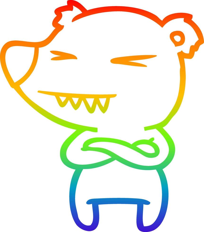 linha de gradiente de arco-íris desenhando desenho animado de urso polar irritado com braços cruzados vetor