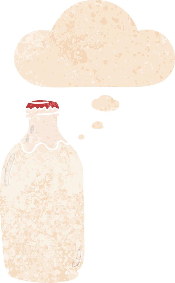 garrafa de leite dos desenhos animados e balão de pensamento em estilo retrô texturizado vetor