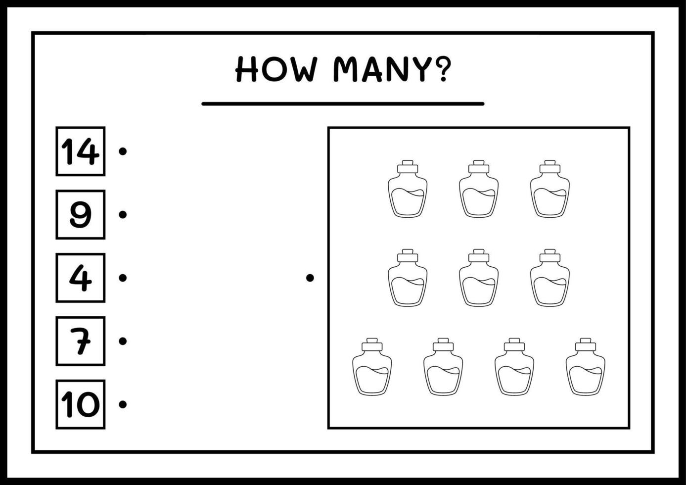 quantas garrafa de poção, jogo para crianças. ilustração vetorial, planilha para impressão vetor